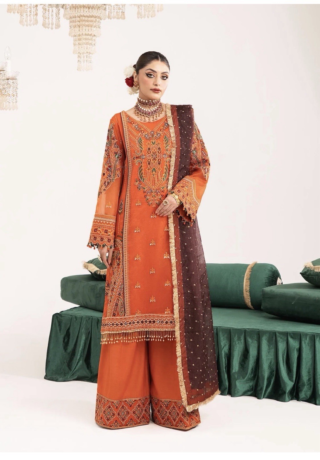 pakistani Stunning embroidered 3 Piece Orange Party Outfit Size Medium