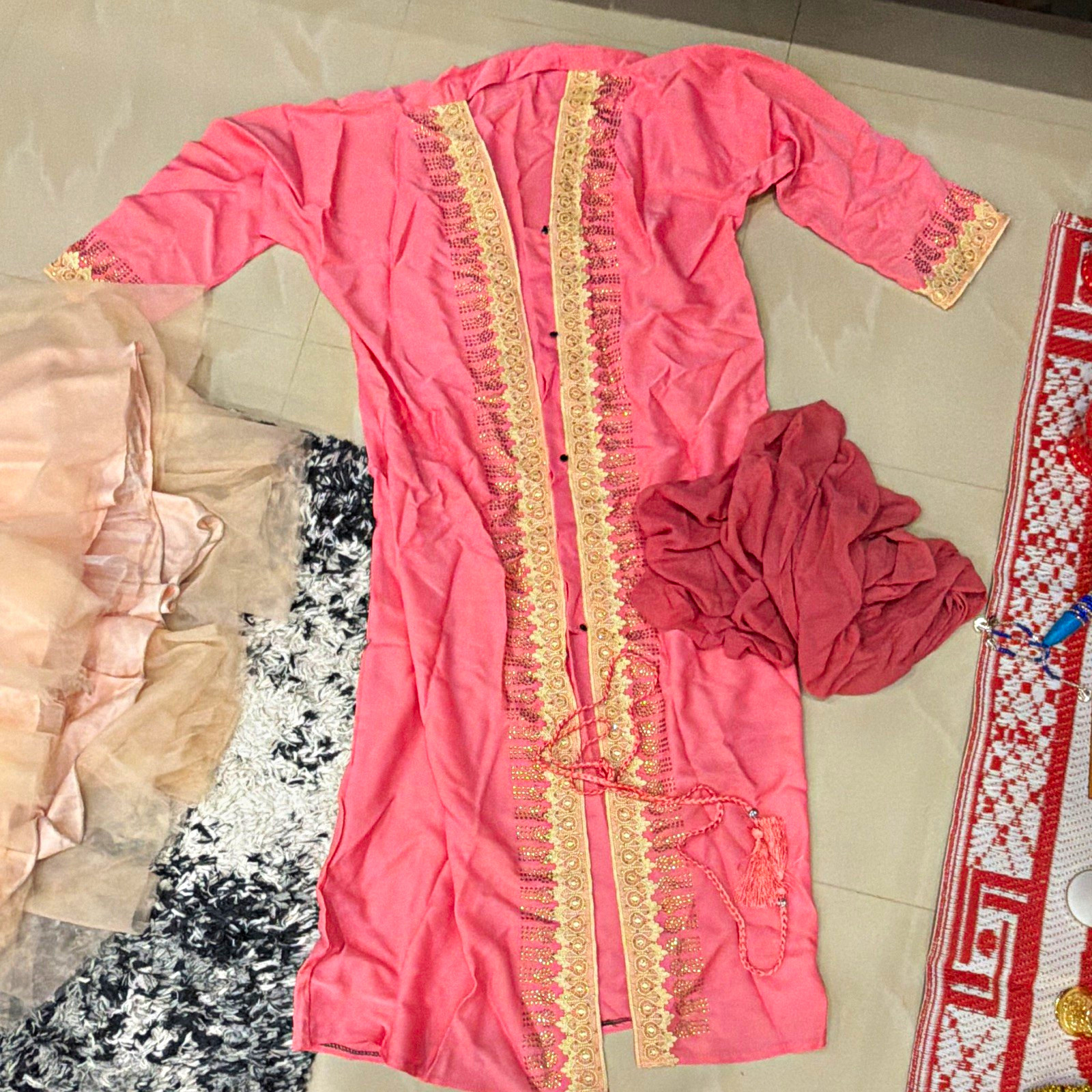 Women’s Pink Embroidered Cotton Kurta Tunic Top with Tassel Tie, One Size