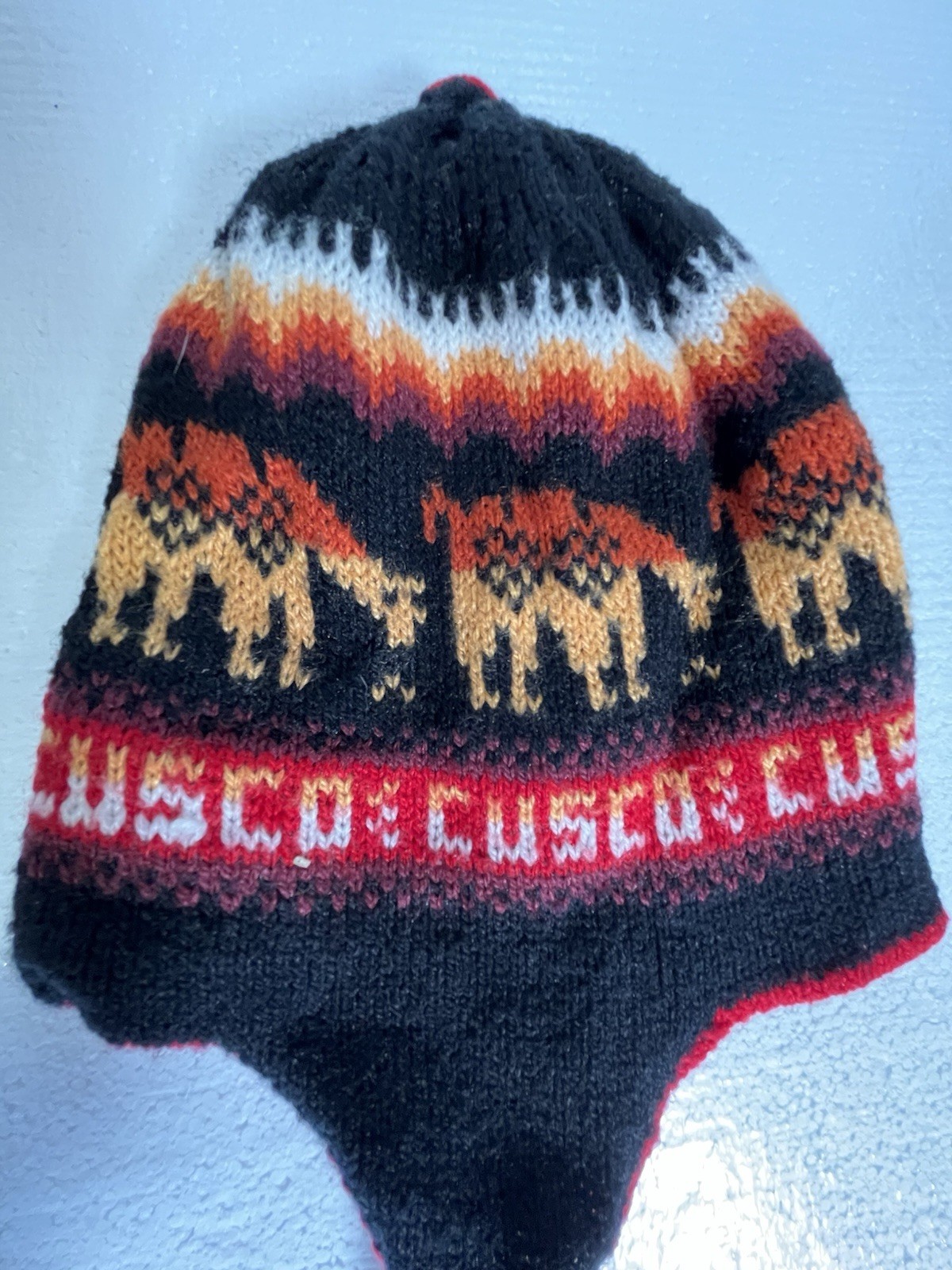 Handmade Peruvian Chullo Knit Hat Cusco Design Llama Motif Ear Flaps Acrylic