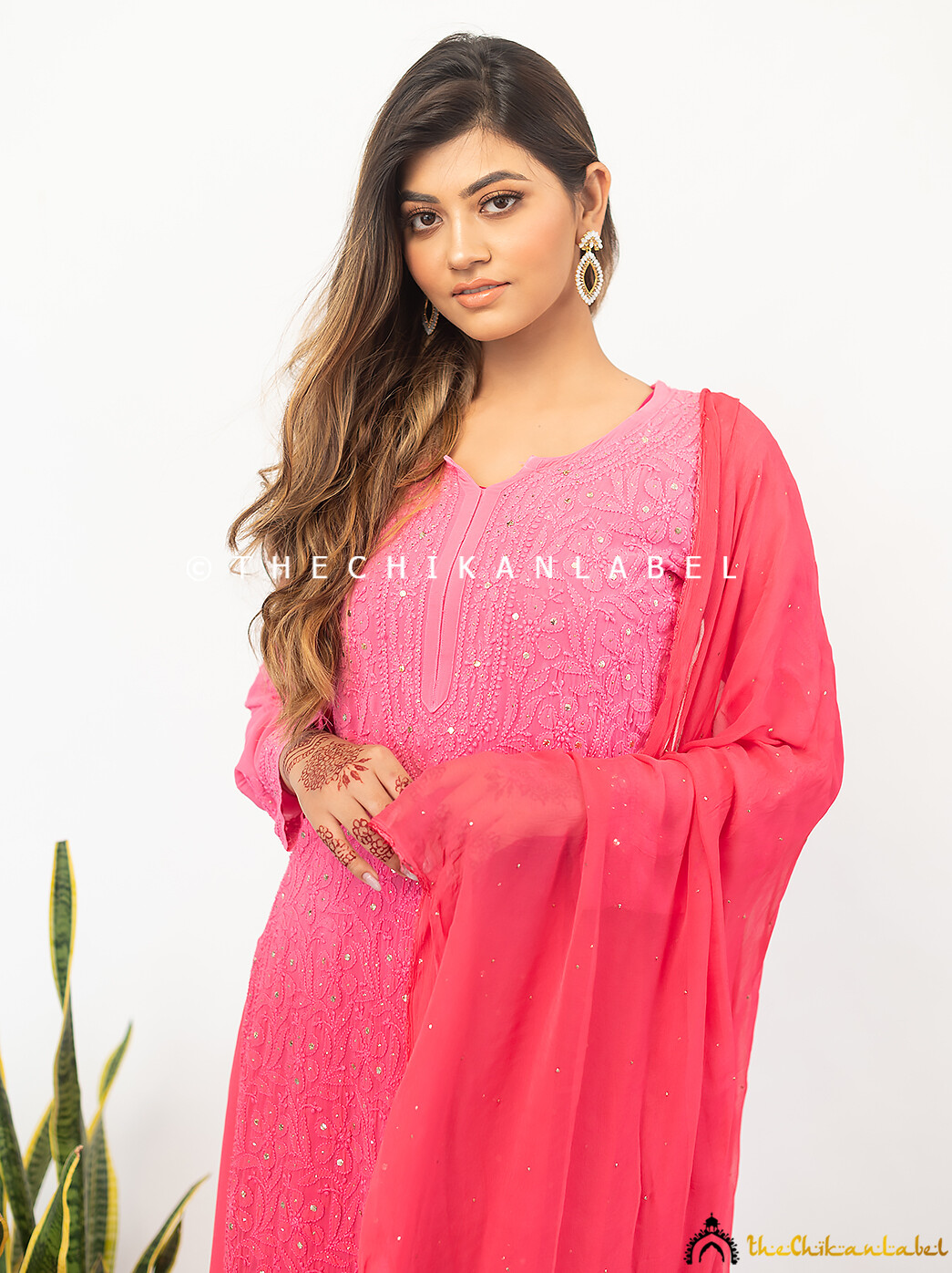 Candy Pink Sitara Viscose Hand Embroidry Chikankari Kurta Set Lucknow Chikankari
