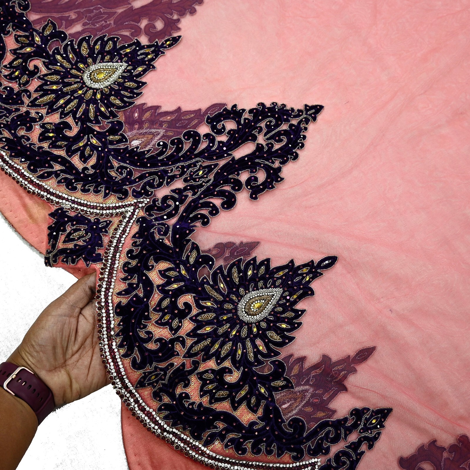 Vintage Heavy Sari Peach Net/Mesh Hand Embroidered Sarees Craft Fabric 5Yd