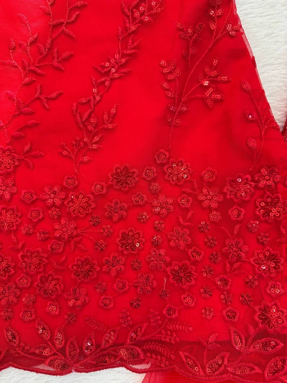 Beautiful Heavy Soft Net Red Top Palazzo With Dupatta For Indian Festival Wear