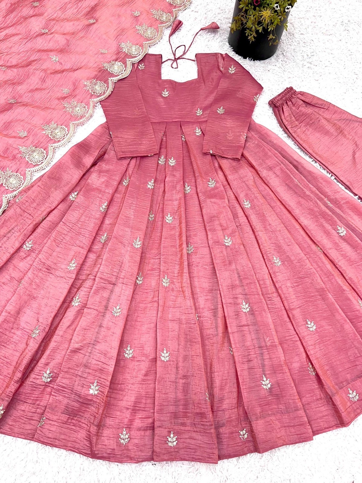 Latest New Gold Crush Silk Pink Gown Bottom With Dupatta For Indian Party Wear