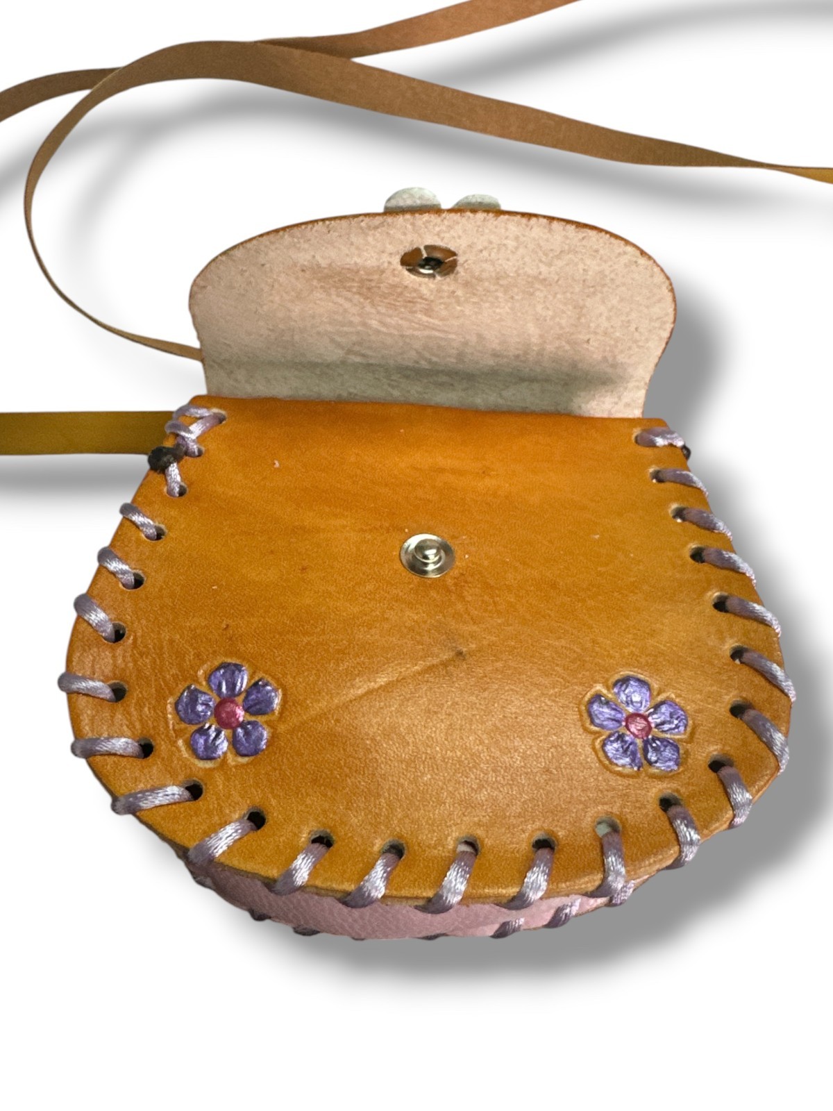 HAND TOOLED LEATHER MINI FLOWER BAG , CROSSBODY, 4″ X 4.5″ , NEW , 01