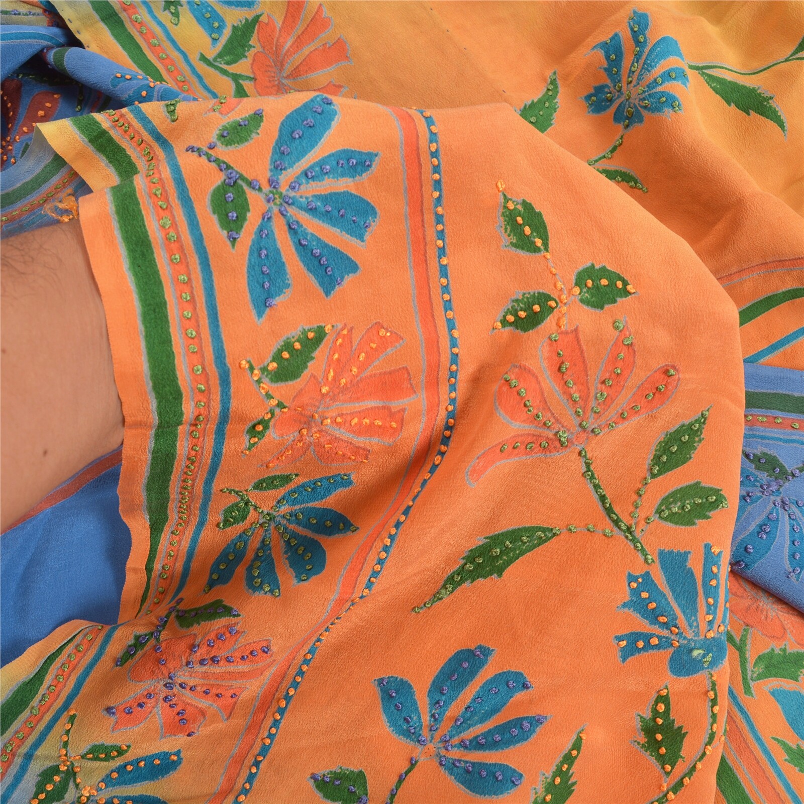 Sanskriti Vintage Sarees Blue Frenchknot Pure Crepe Silk Print Sari Craft Fabric