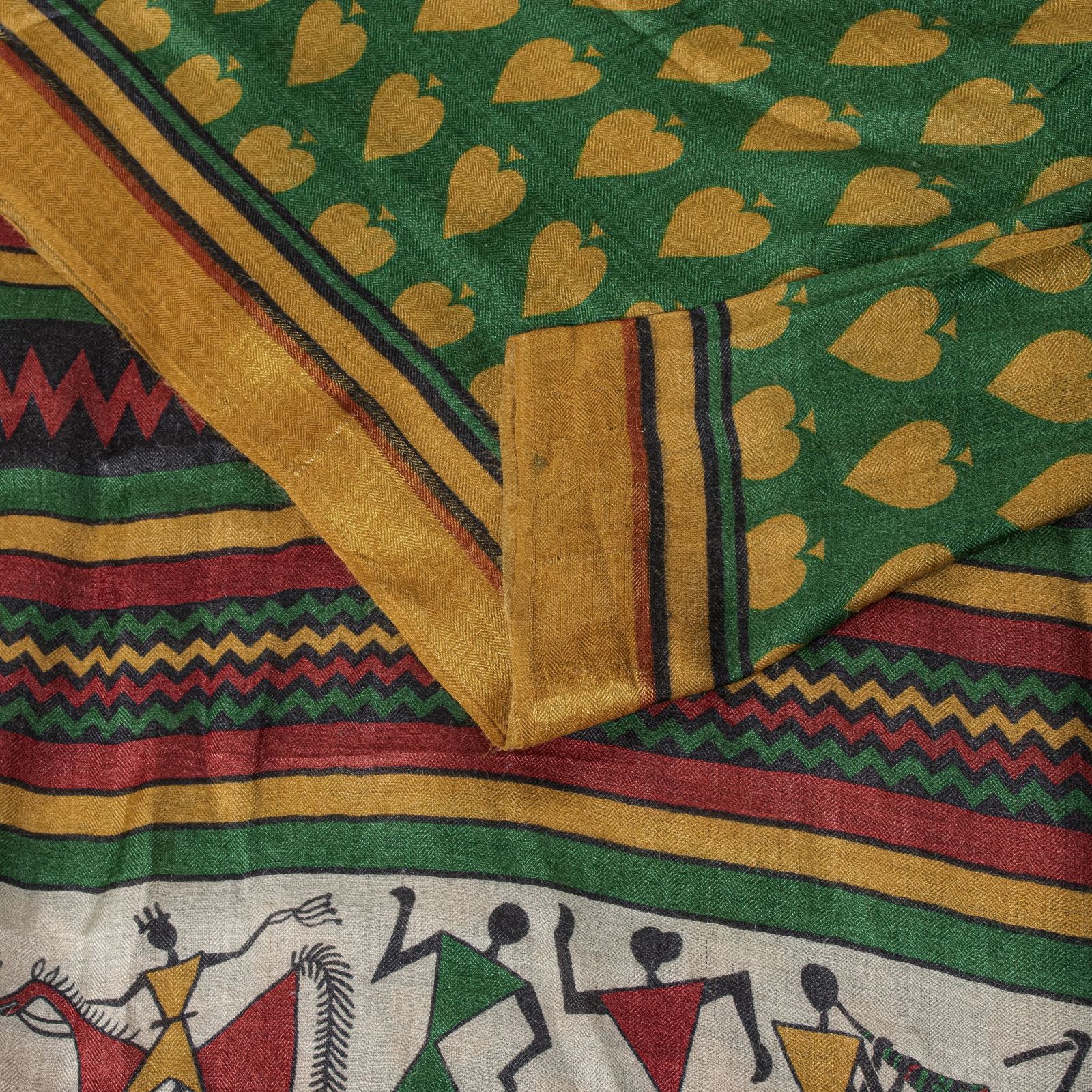 Sanskriti Vintage Green Pure Woolen Saree Warli Print Sari 6Yd Soft Craft Fabric