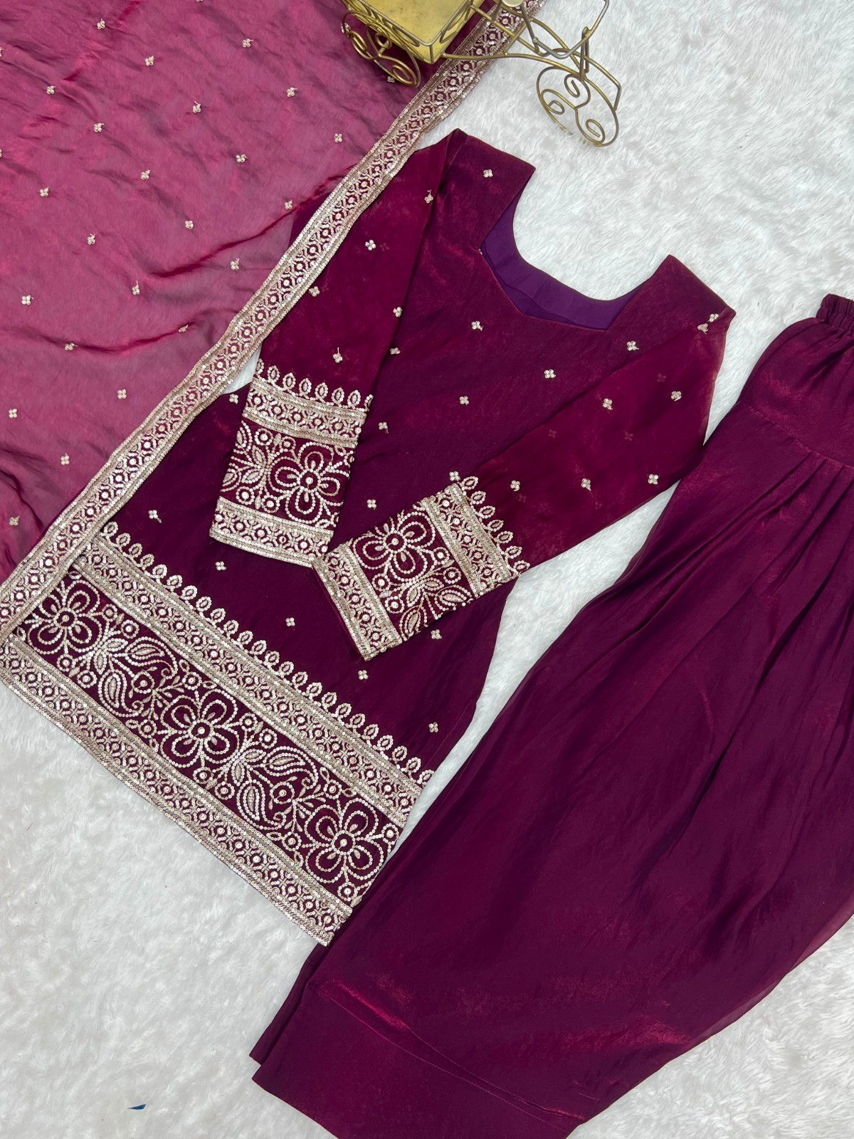 Designer Heavy Fendy Silk Top Kurta with Farshi Shalwar Glass Roman Silk Dupatta