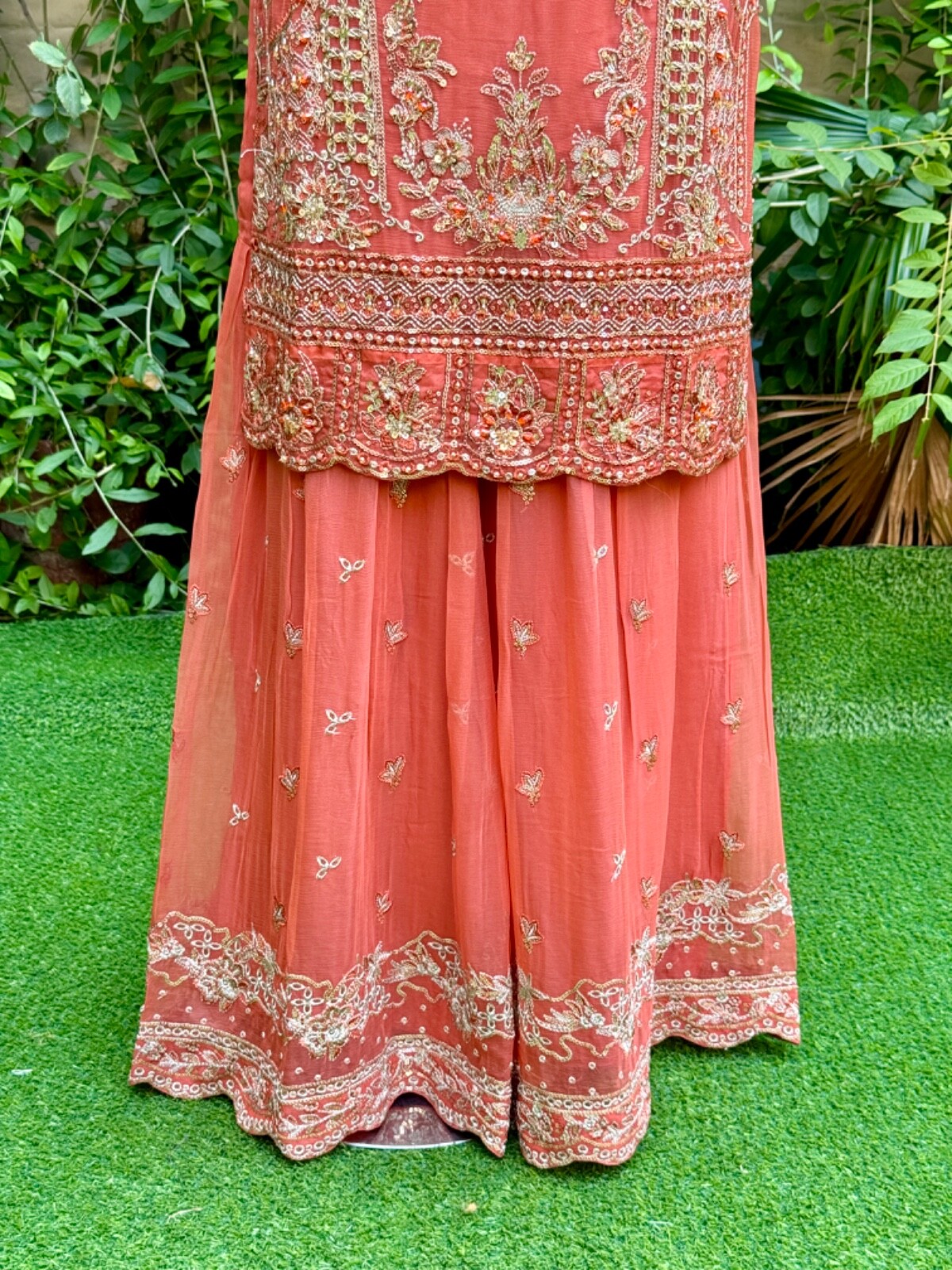 Pakistani Orange Straight Style Embroidered Sequins Chiffon Gharara Dress,S