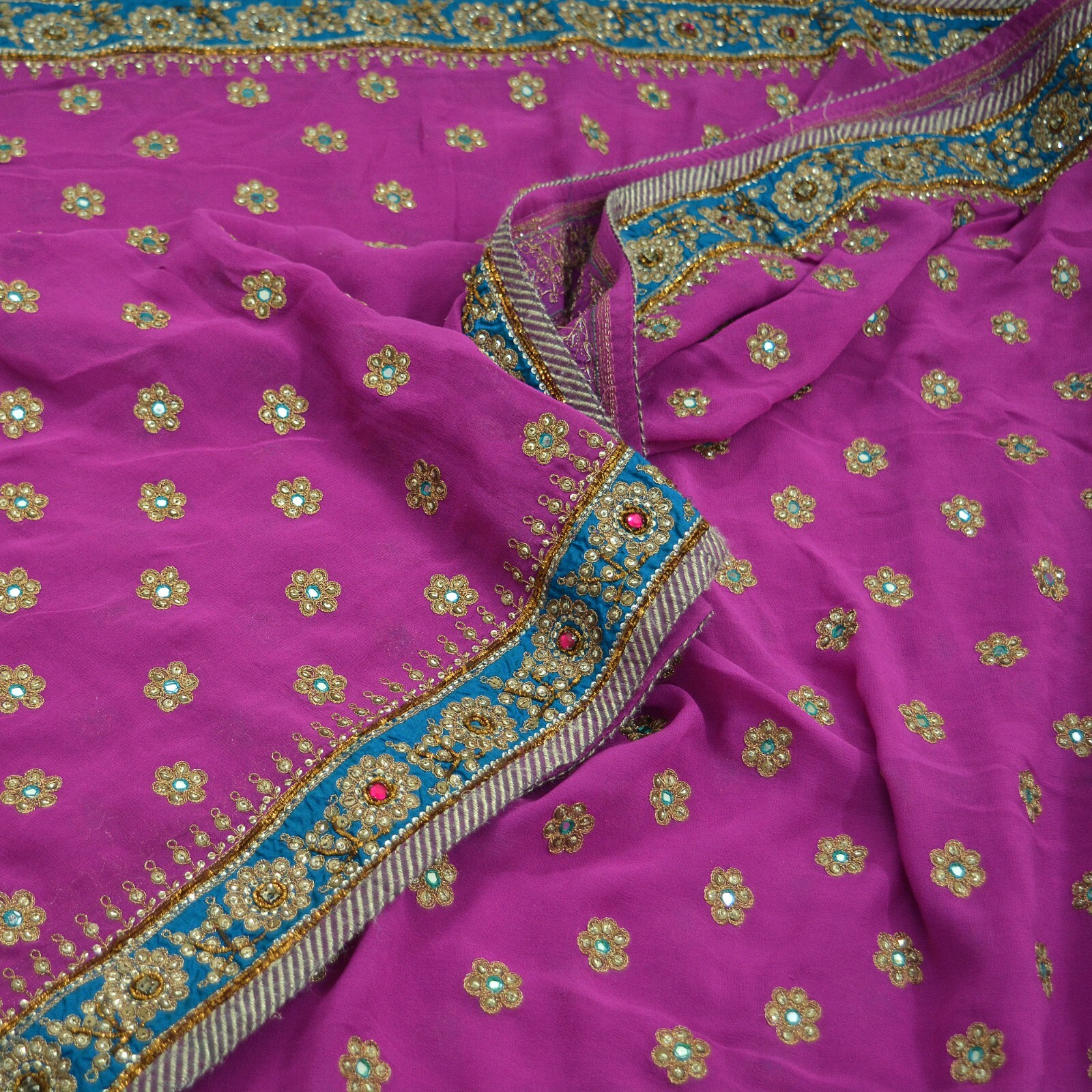 Indian Vintage Heavy Sarees Rani Pink Georgette Silk Hand Embroidered Sari 5yd