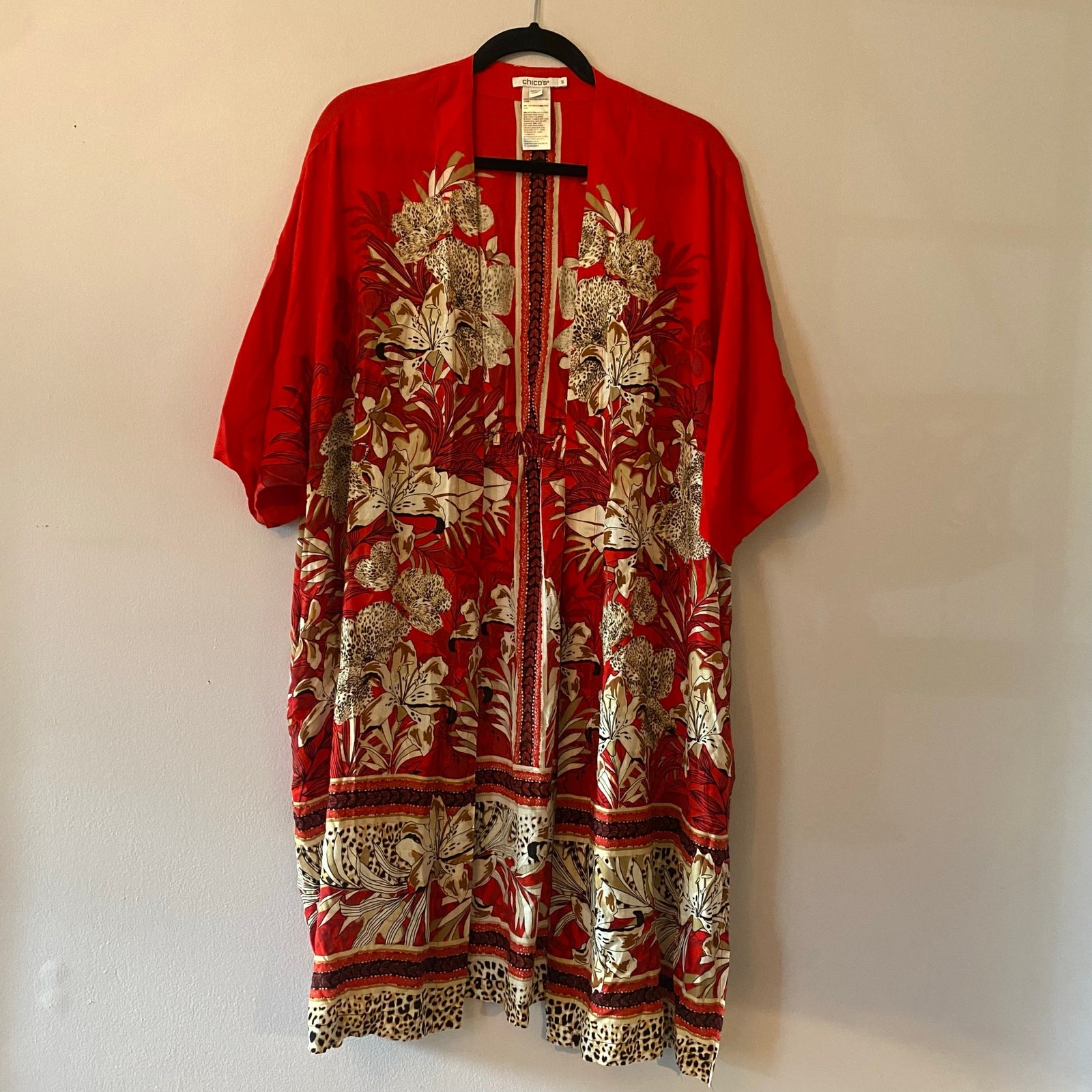 Chico’s Red Floral Animal Print Art Nouveau Kimono Cardigan Robe Small / Medium