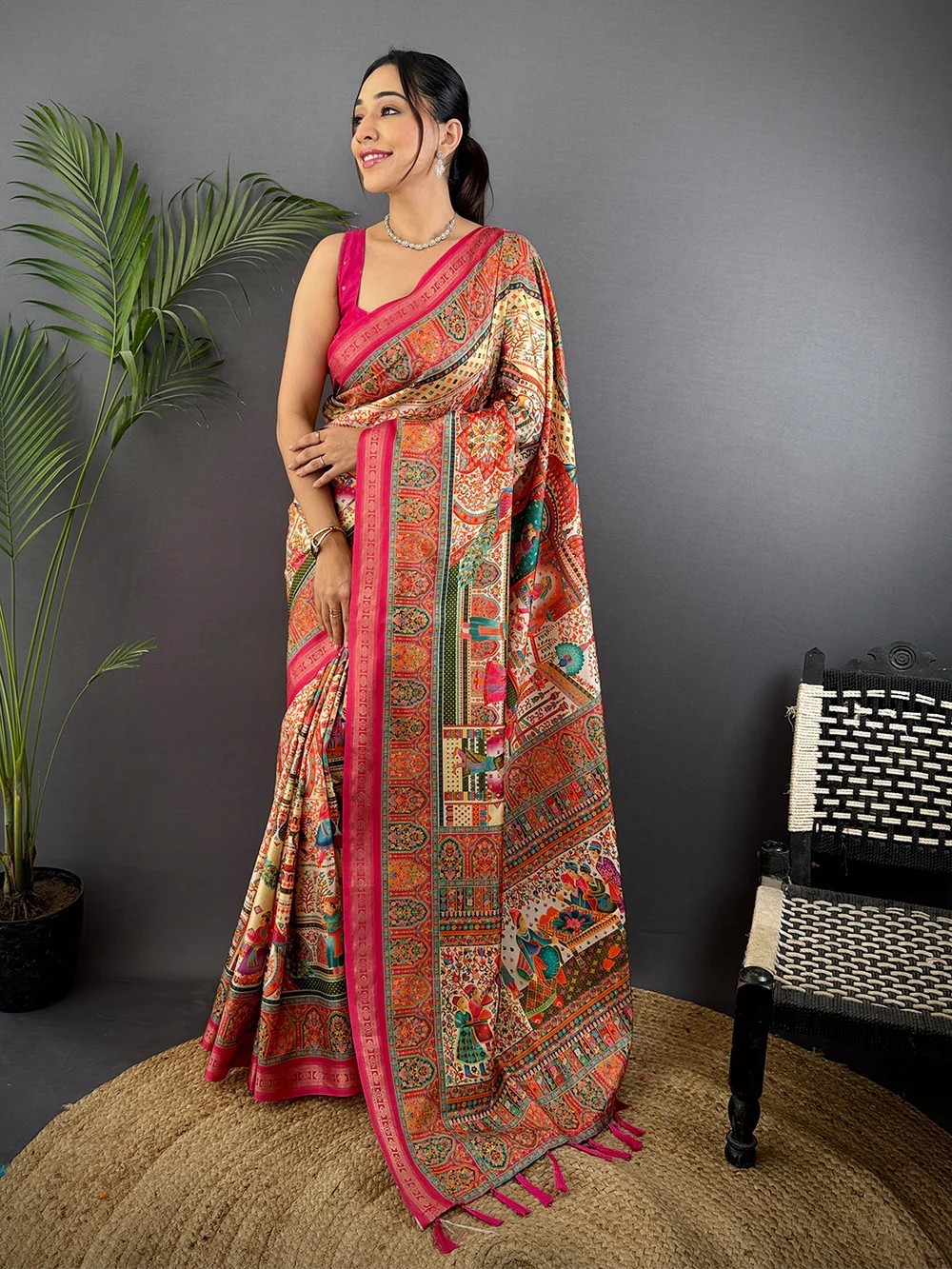 Women’s Beige Kashmiri Pashmina Soft Silk Saree With Unstitched Blouse Piece