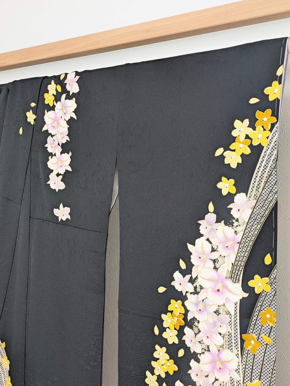Japanese Kimono Silk Furisode Black Yellow & Purple Flowers Vertical Waves Art