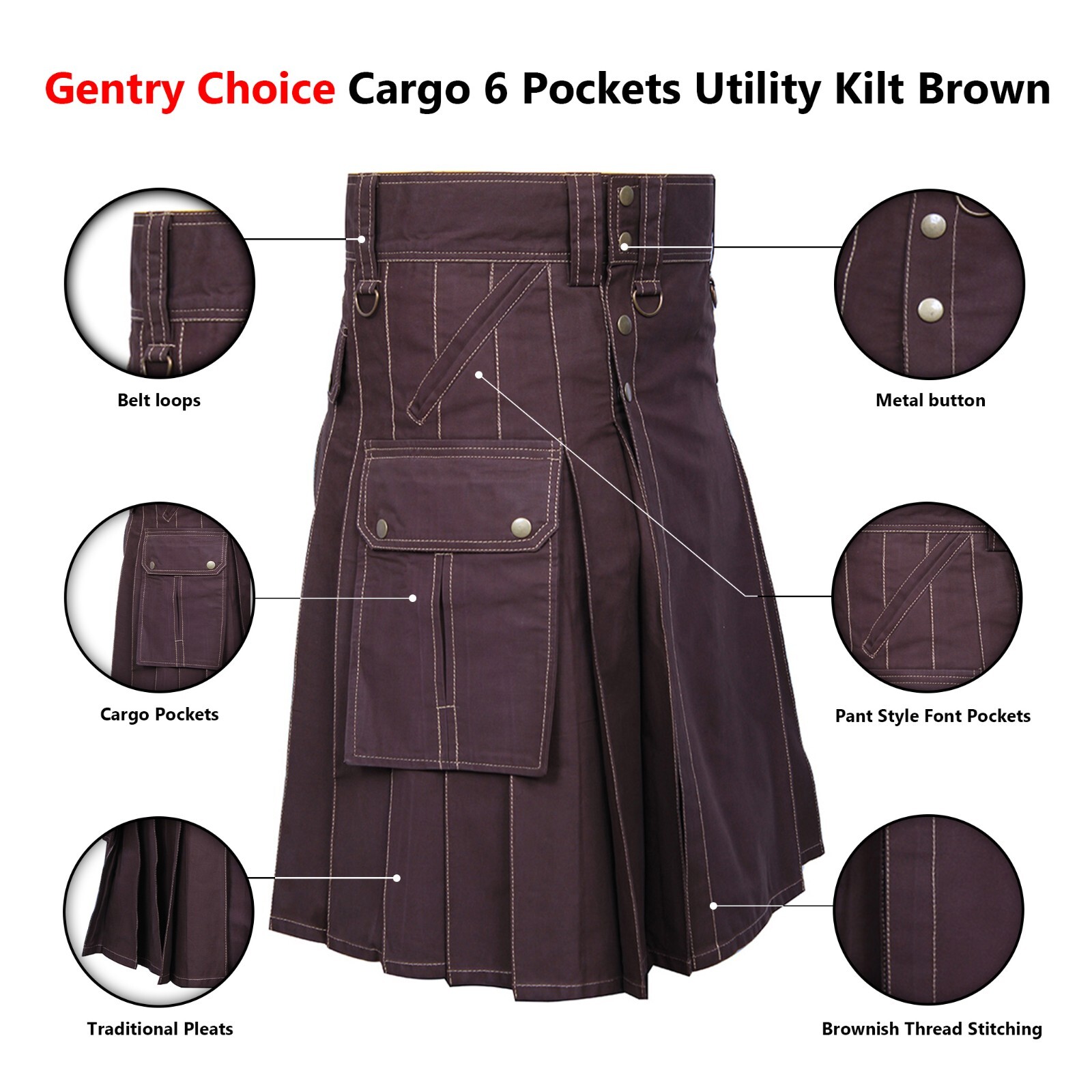 Highlander Men Cargo Utility Kilt Brown 6 Pockets Fashion Kilt Scottish Outfit