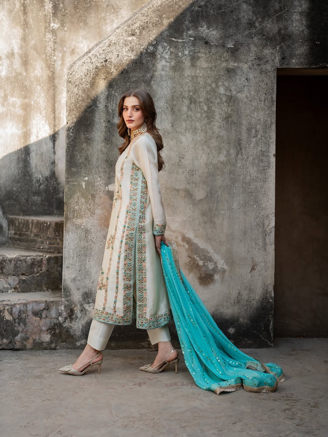 Readymade Faux Georgette Skyblue Salwar Kameez With Dupatta For Women Wear
