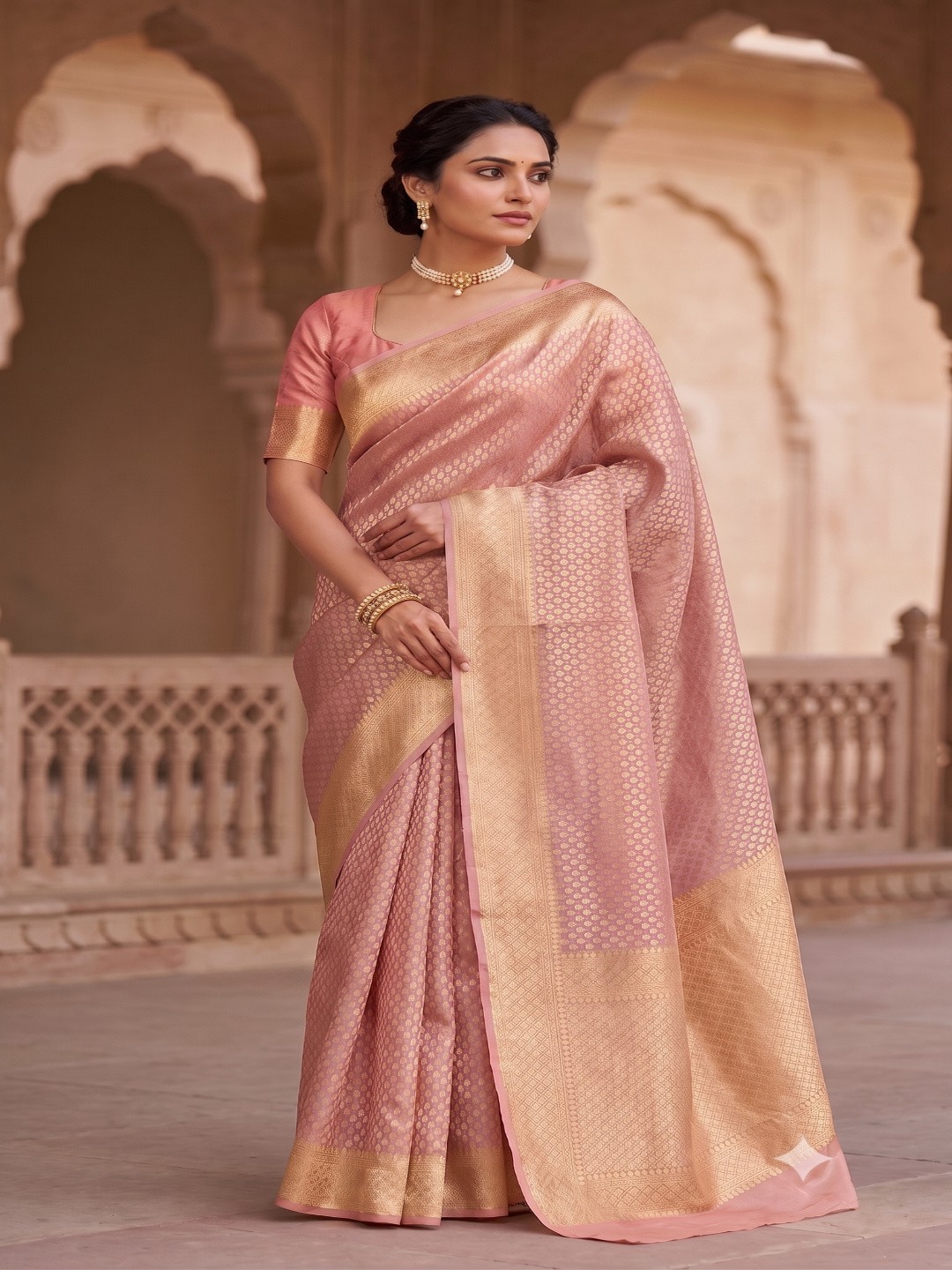 Organza Silk Dusty Pink Saree Zari Weave Saree/Sari