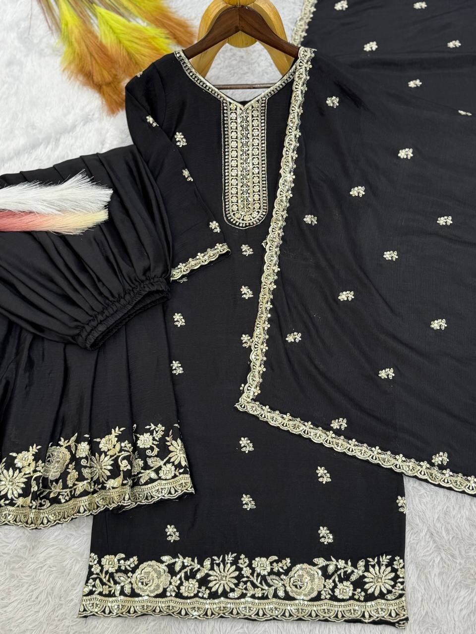 Beautiful Black Chinon Silk Kurta Palazzo With Dupatta For Reception & Party