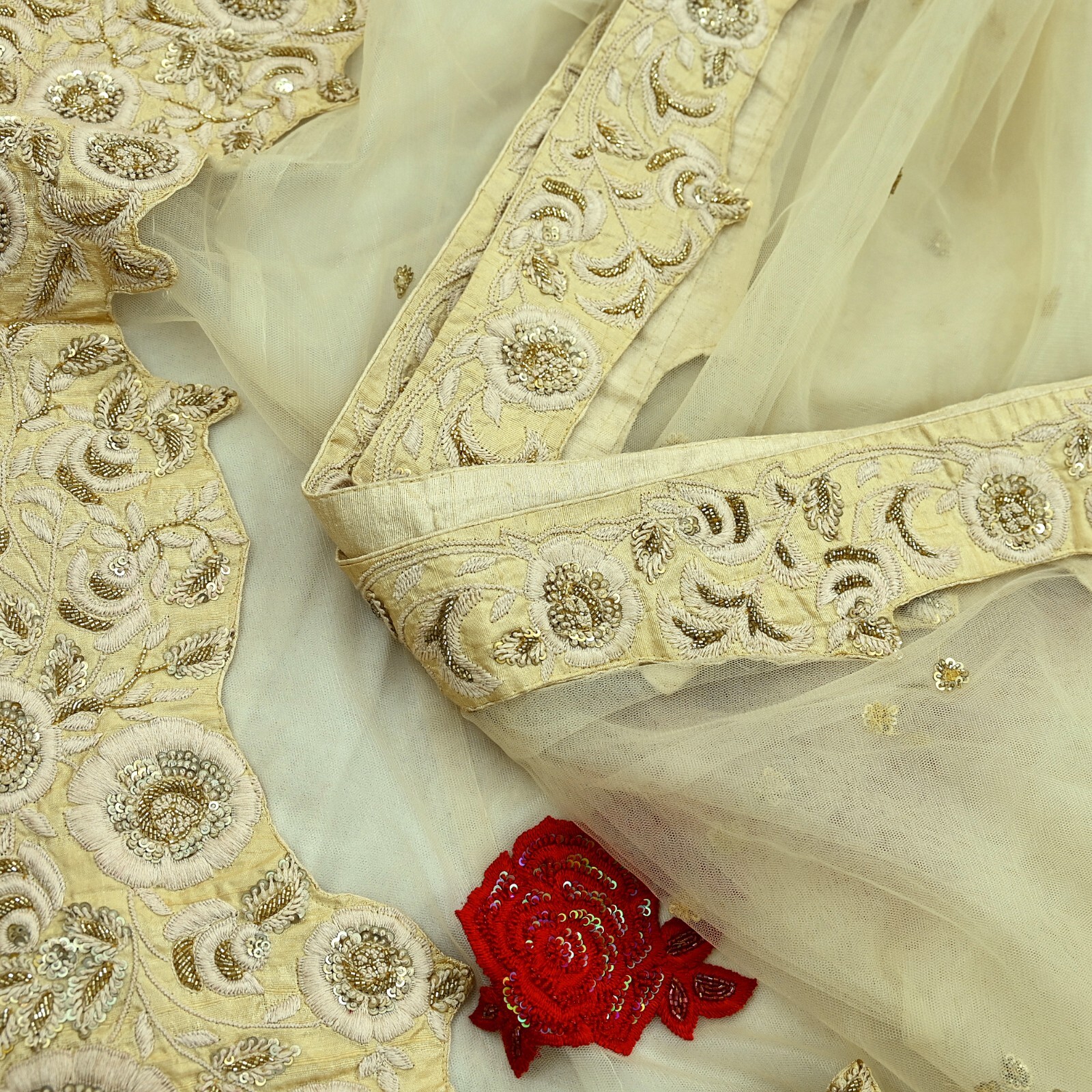 Indian Pre-Owned Heavy Sari Ivory Net Hand Embroidered Designer Abu jani Sarees