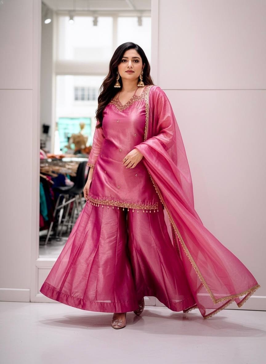 Beautiful Sharara Suit Set Embroidered Sequins Kurti Palazzo Dupatta Party Wear