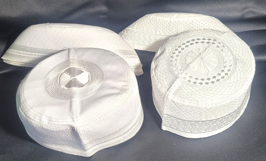 LOT 5 White Cotton Firoz Islamic Muslim Namaz Prayer Caps – Size 56