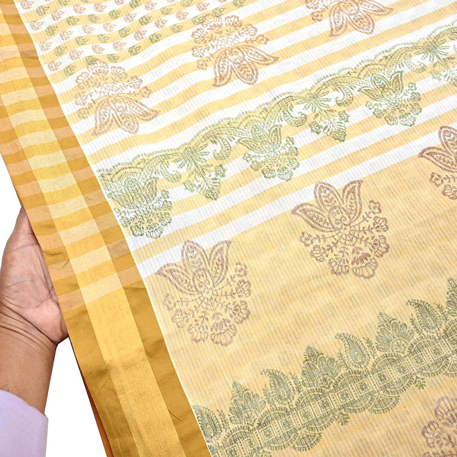 Indian Vintage Sari White & Beige Printed Pure Cotton Sarees Craft Fabric 5YD