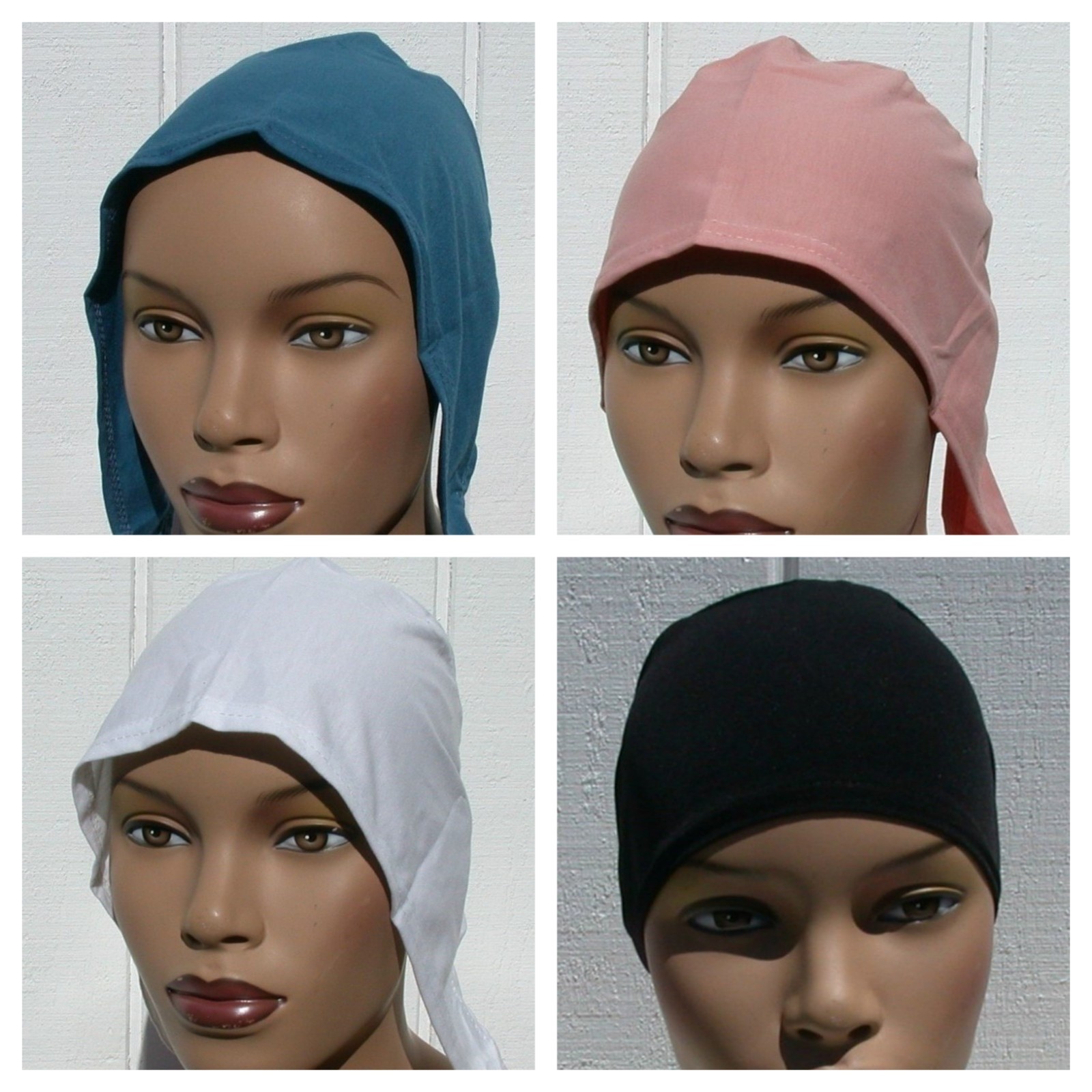 Set of 4 Cotton Tie Back Bonnet Hijab Undercap Modern Skullcap B&W Teal Peachy