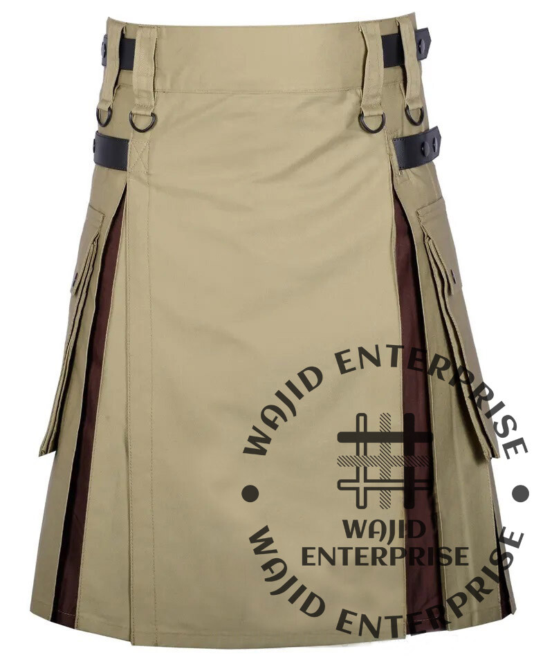 Brown With Khaki Cotton Hybrid Utility Kilt Custom Size Handmade Men’s Kilts