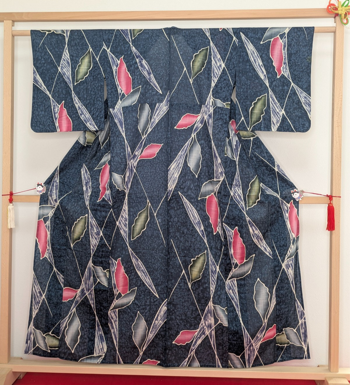 Japanese Kimono Cotton Yukata Navy Blue Colored Leaves Junko Koshino Summer Wear