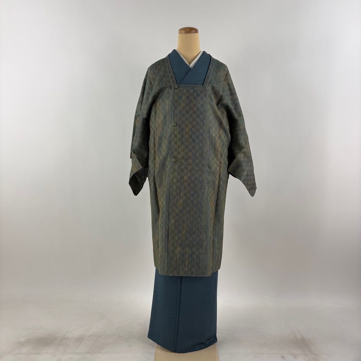 Kimono Textile Stripe Gray Green Silk 105cm M Japanese Textile