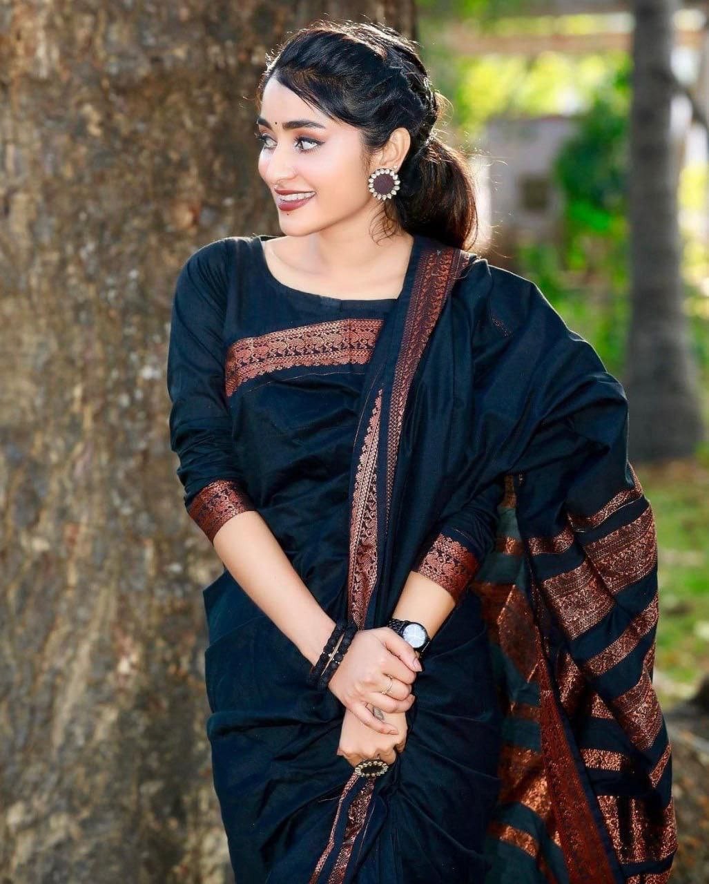 Black Lichi Silk Saree Indian Wedding Wear Jacquard Copper Zari Blouse Sari