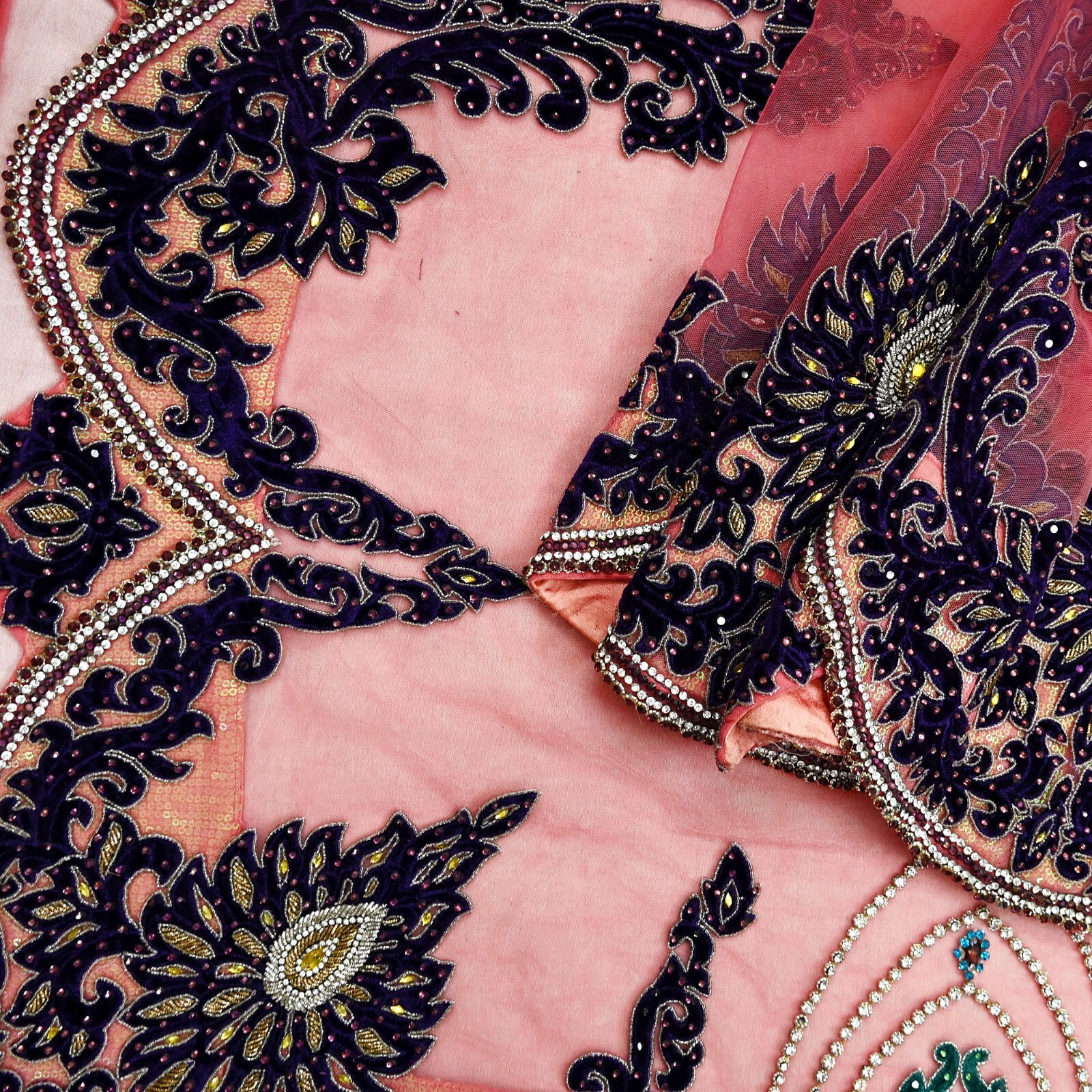 Vintage Heavy Sari Peach Net/Mesh Hand Embroidered Sarees Craft Fabric 5Yd