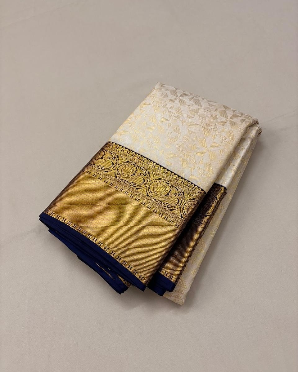 Premium Off White Silk Saree Golden Border Designer Sari