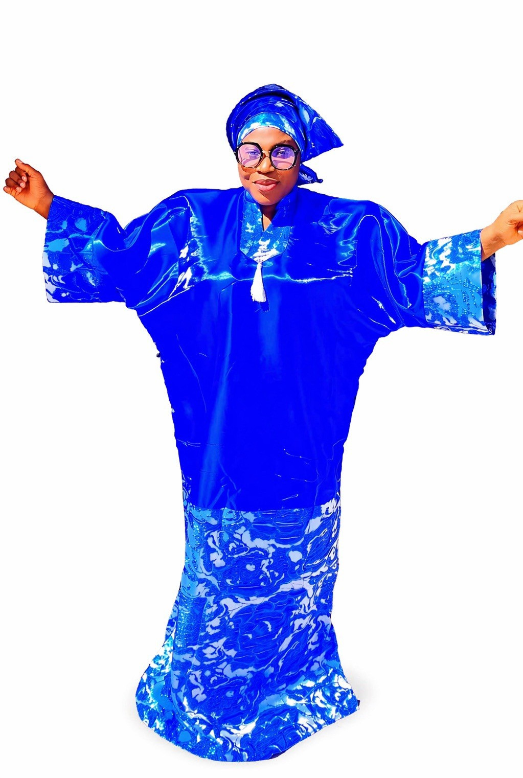 Handmade Blue African Kaftan Dress for Women with Headwrap, One Size