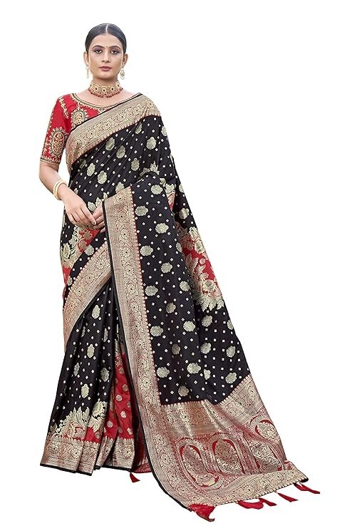 Trendy Banarasi Silk Jacquard Saree Off White Pink Woven 6Yd + Unstitched Blouse