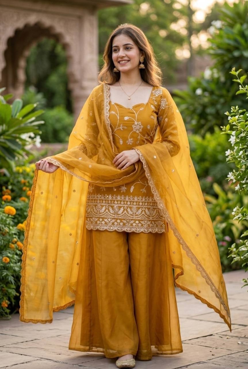 Presenting New Pure Silk Yellow Top Palazzo With Dupatta For Reception Wear
