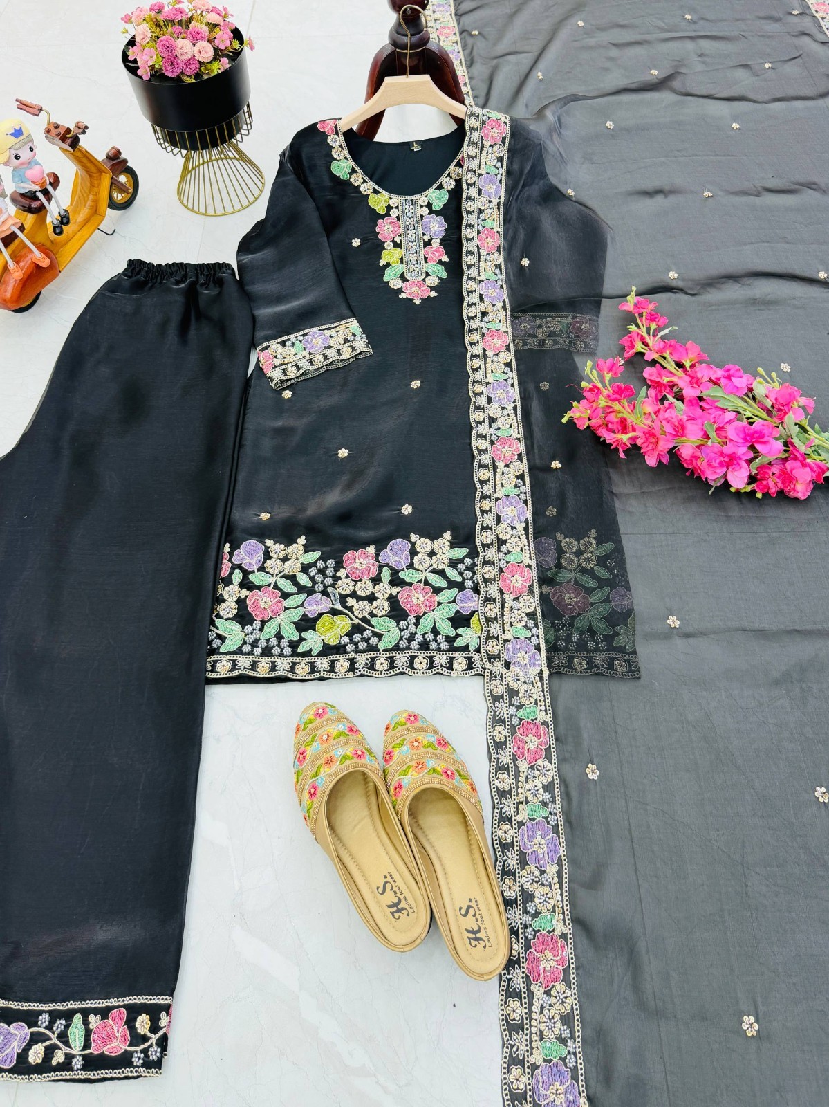 Exclusive Designer Black Silk Kurta Palazzo With Dupatta For Party Wear
