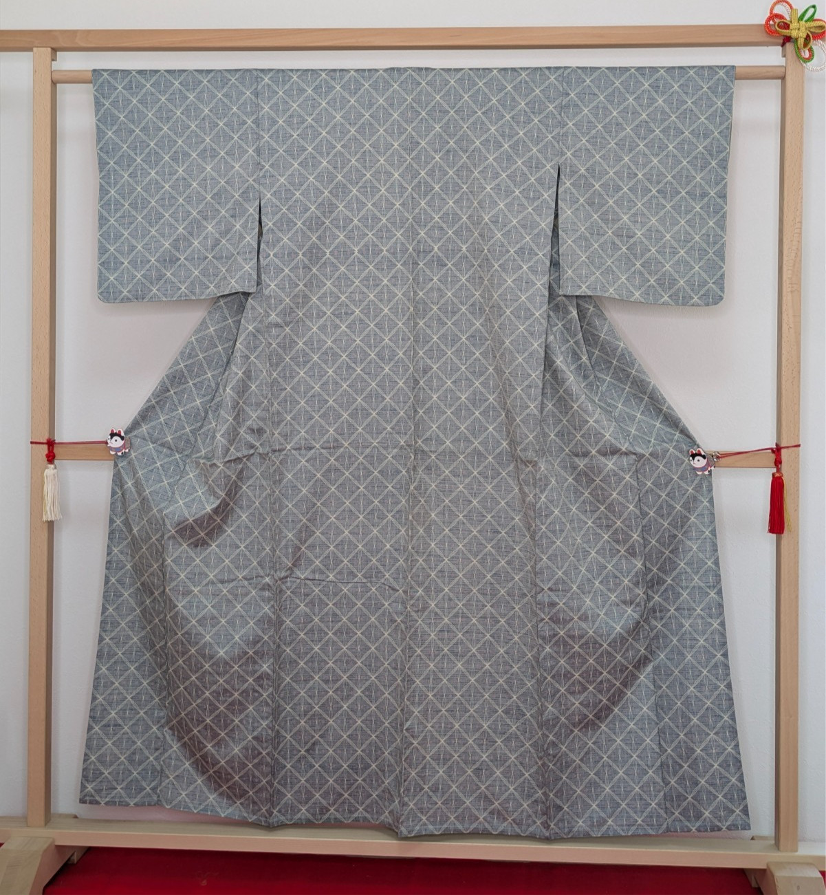 Vintage Japanese Kimono Silk Hitoe Gray White Geometric Pattern Unlined Tsumugi
