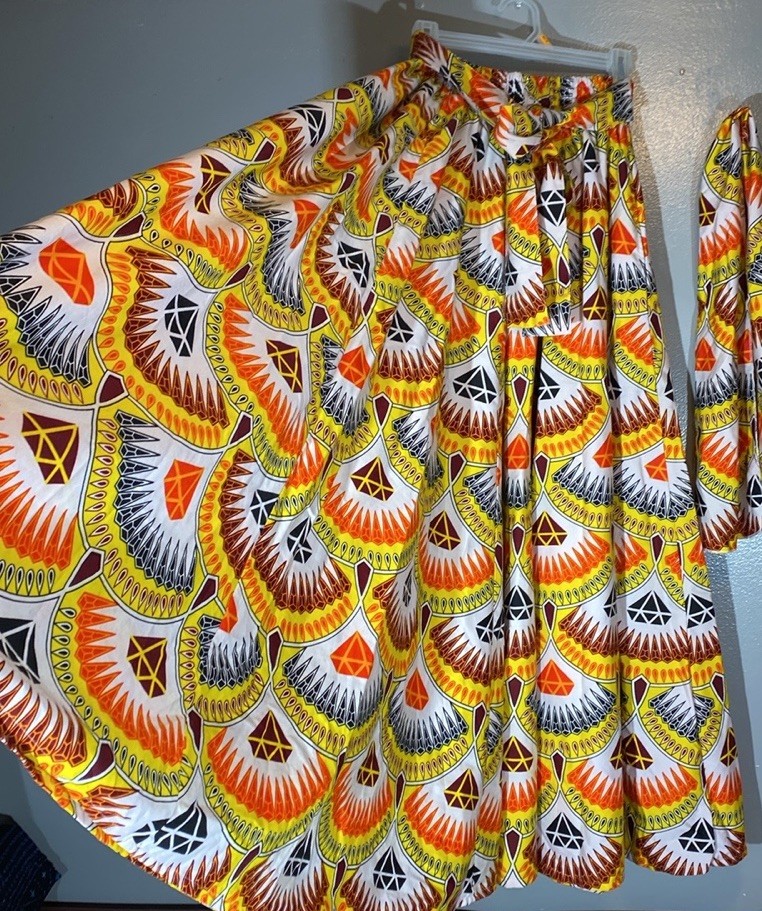 Maxi Circle Skirt African Ankara Print Diamonds Maroon Orange Yellow W/Hair Wrap