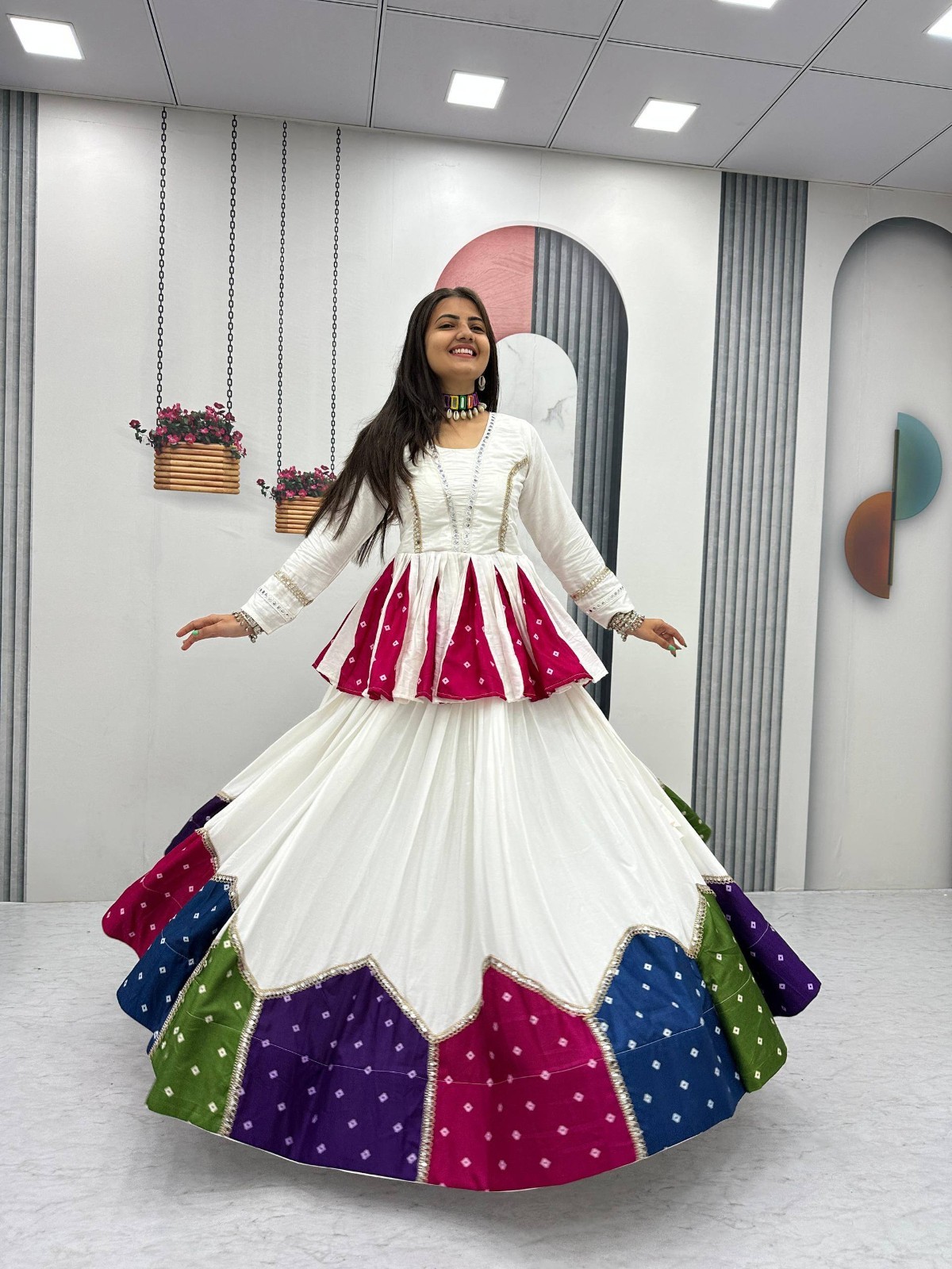 White Bandhani Lehenga Choli Set Navratri Garba Dress Dandiya Dress