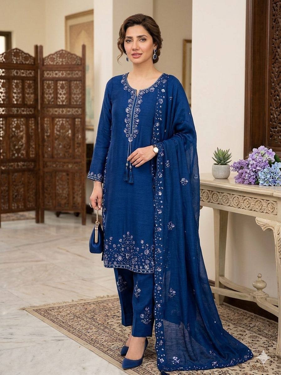 Ethnic Wear Teal Blue Chinon Top Bottom With Dupatta For Women And Girls