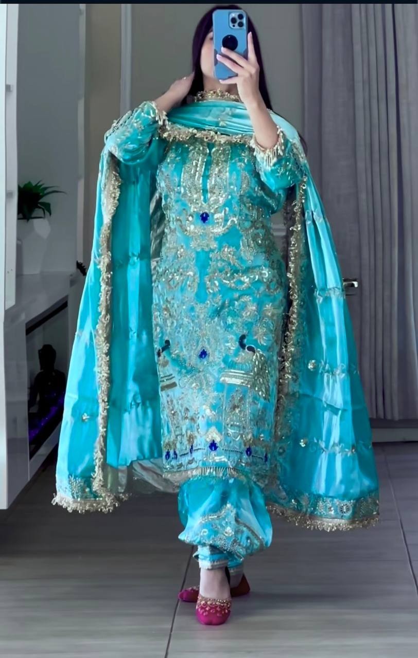 New Launching Sky Blue Natural Crepe Top Dhoti With Dupatta For Women
