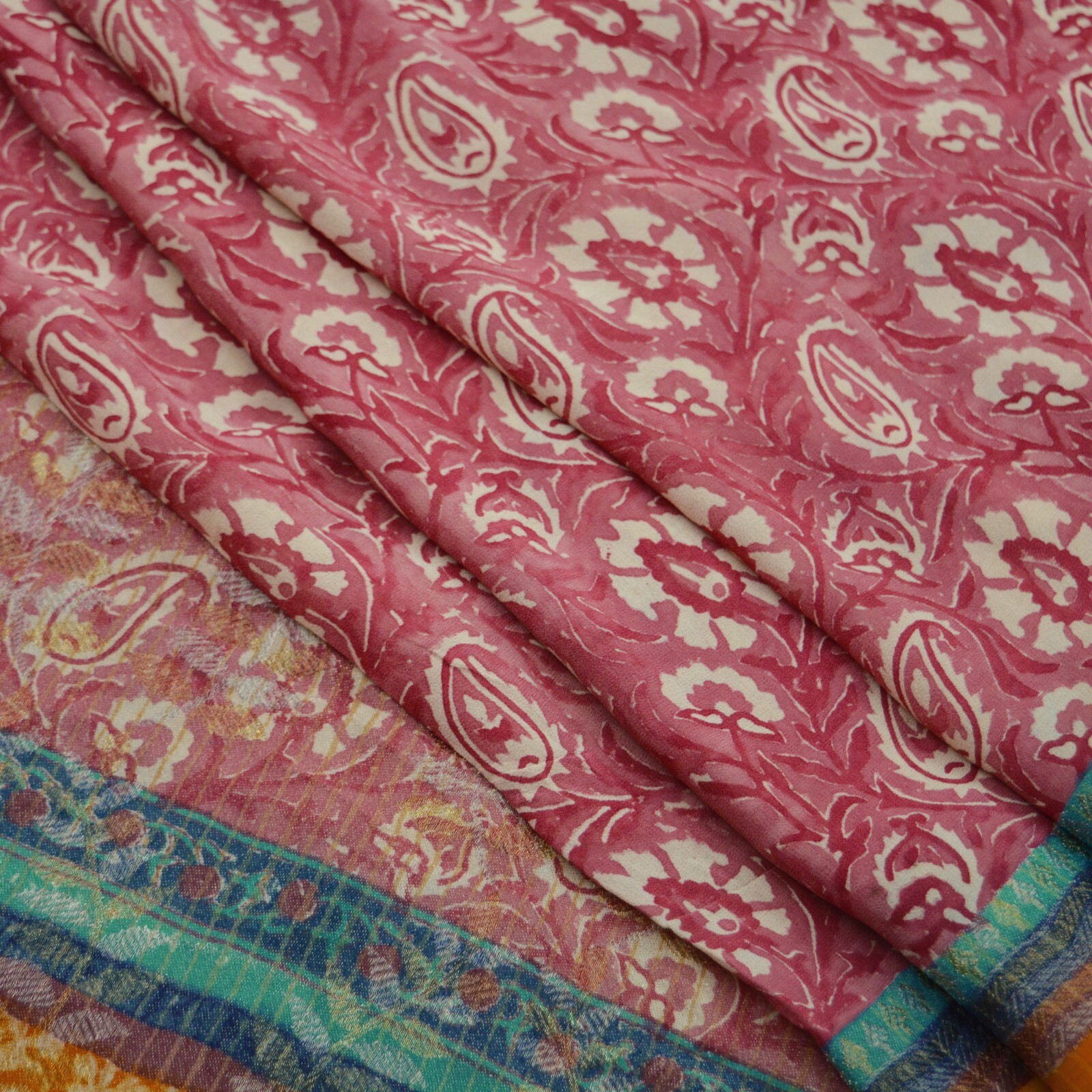 Indian Vintage Sari Ivory & Pink Pure Georgette Silk Printed Sarees Craft Fabric