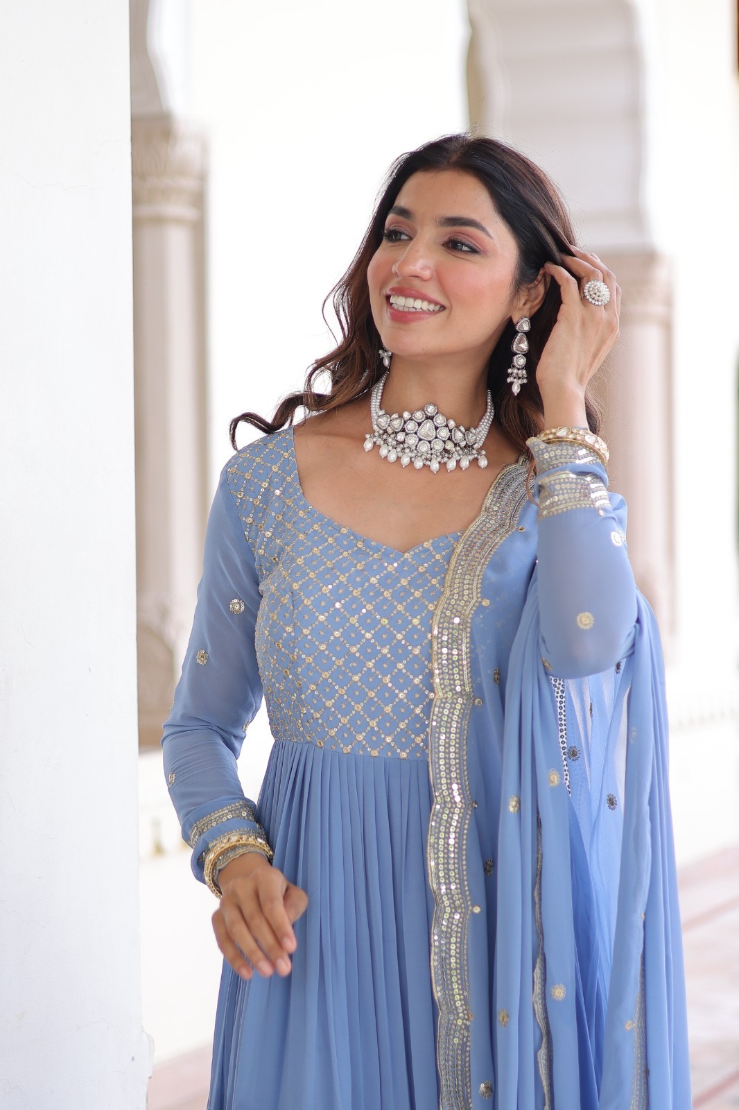 Indian Style Faux Georgette Blue Salwar Kameez With Dupatta For Women Wear