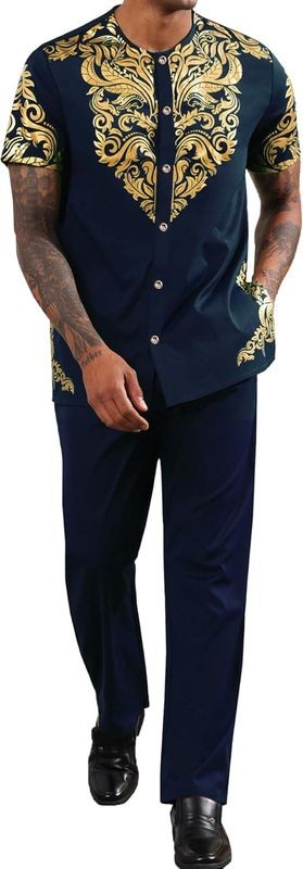 Mens African 2 Piece Set Nigerian Dashiki Metallic Short Sleeve Suit Gold Stamp