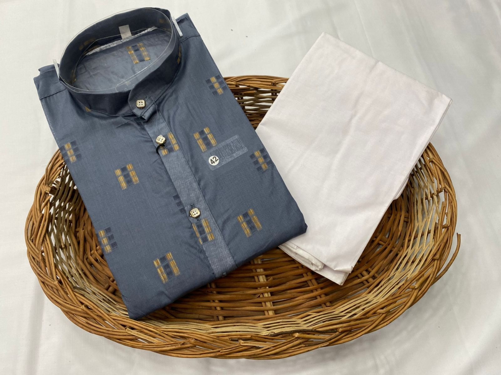 Mens Roman Shimmer Kurta Pajama Set Steel Grey / Slate Grey with Golden motifs