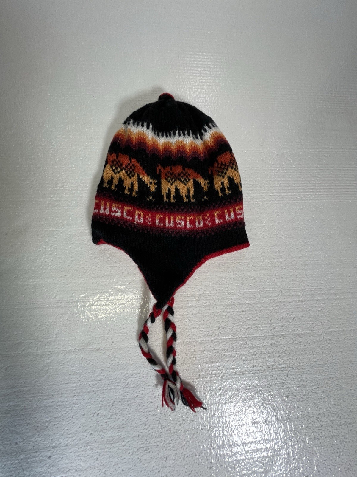 Handmade Peruvian Chullo Knit Hat Cusco Design Llama Motif Ear Flaps Acrylic