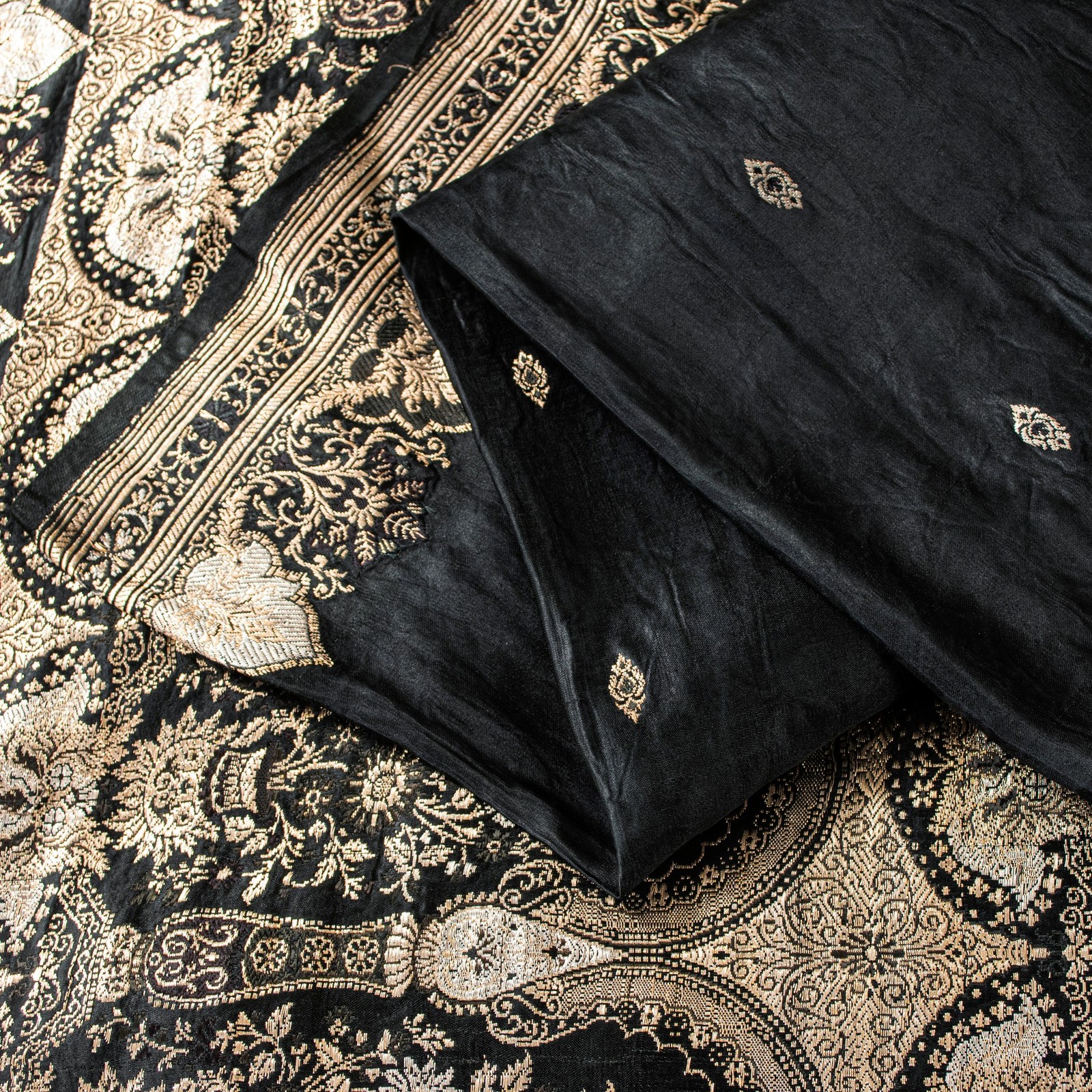 Sanskriti Vintage Black Pure Satin Sarees Banarasi Brocade Zari Hand Woven 5+Yd