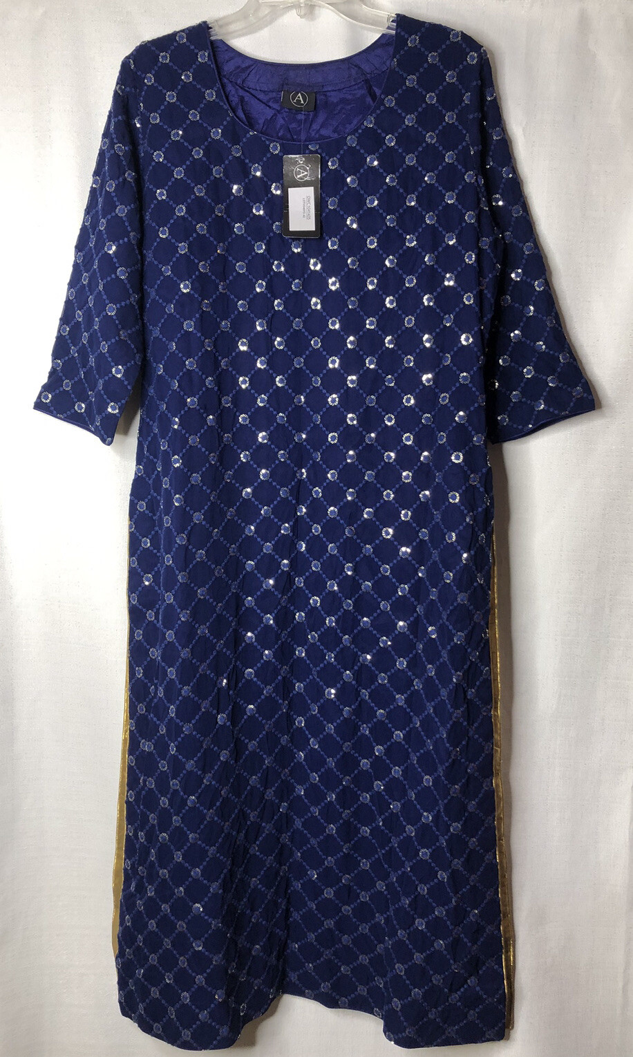 Indian Bollywood Long Top Tunic Dress Kurta Kurti Blue Gold One Size Women