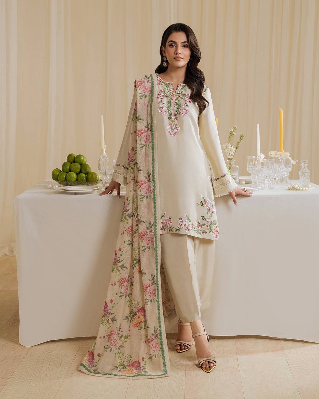 Latest Launching Cream Natural Crepe Salwar Kameez With Dupatta For Festival