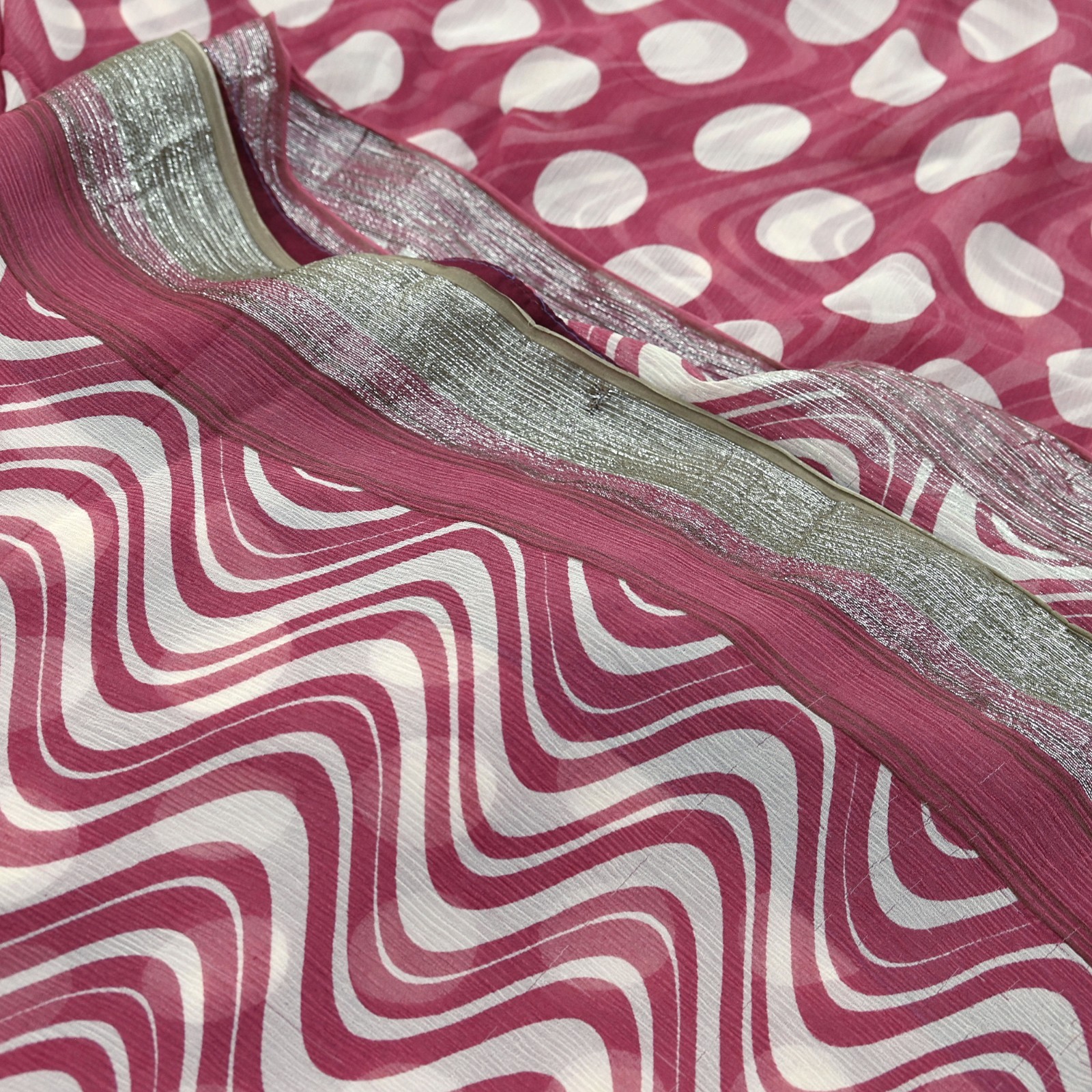 Vintage Pure Chiffon Silk Saree Printed Abstract 5 Yards Fabric DressMaking Zari