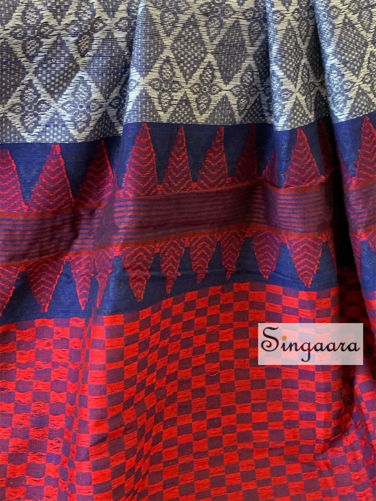 Unique pure khadi cotton White and navy blue half and half saree casual wear